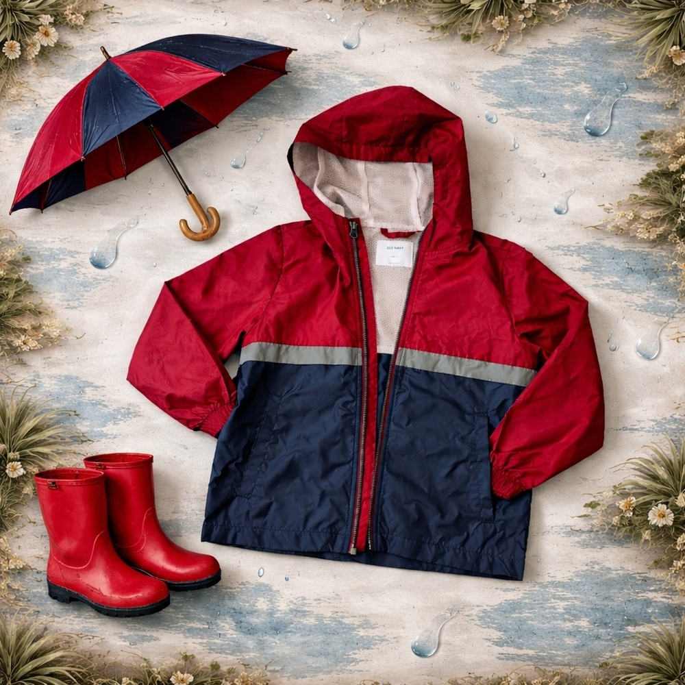 Old Navy Kids Hooded Windbreaker Jacket Red Navy Size S (6-7) Rain Jacket